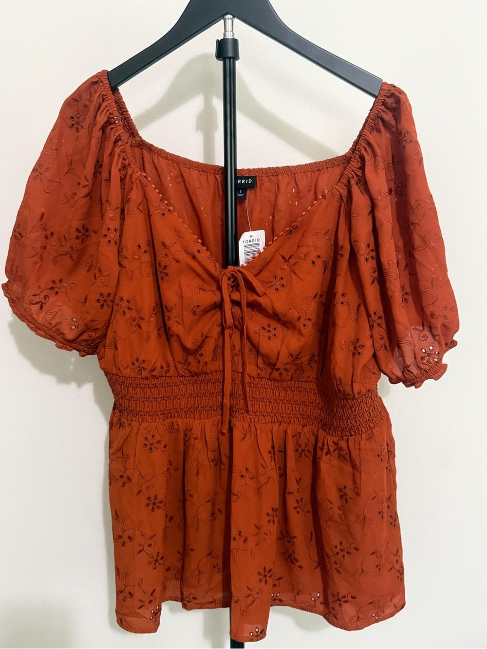 torrid rust eyelet tie-front peasant top